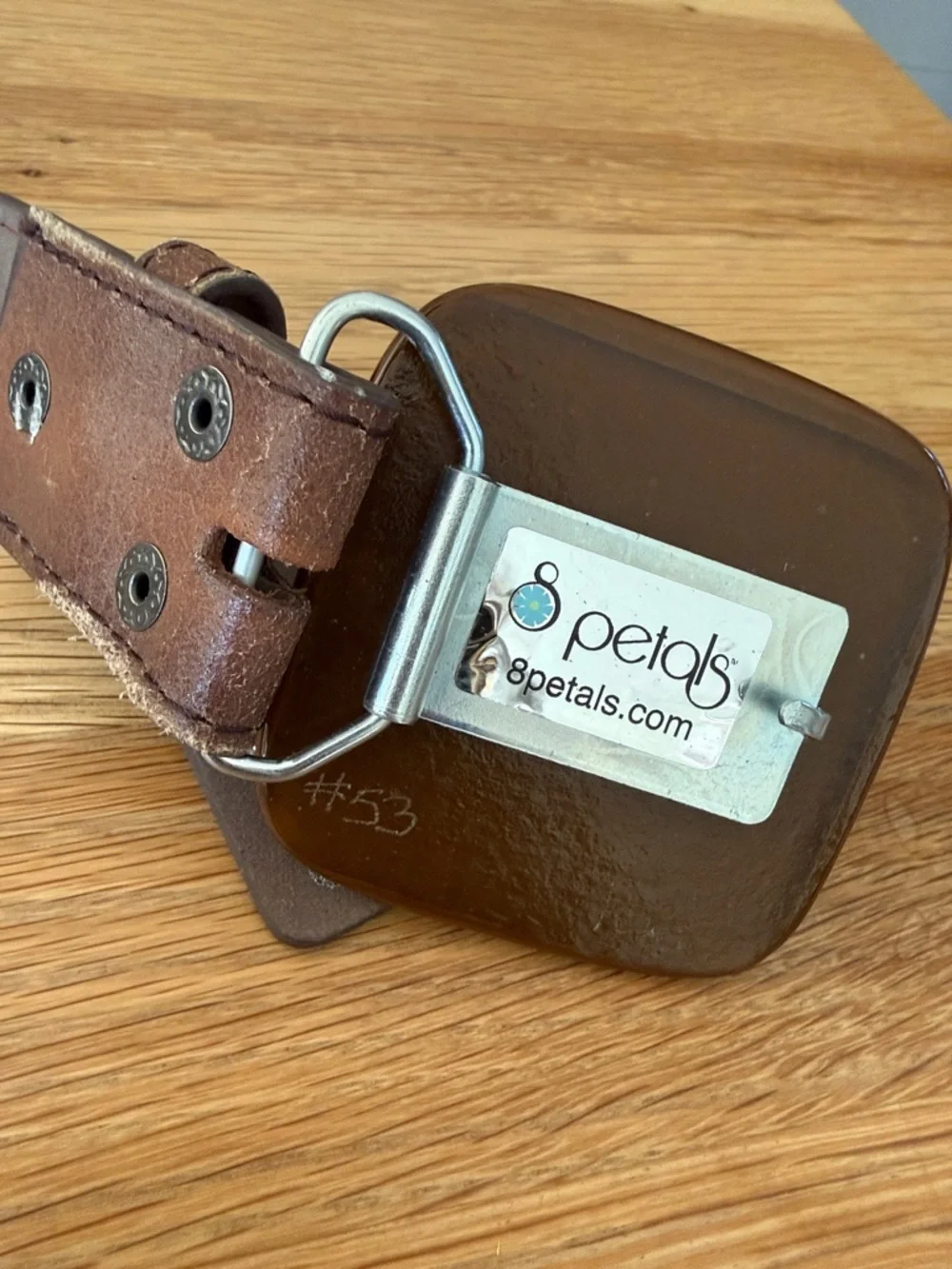 Fused Glass Belt Buckle Abstract Tree on White with Brown Leather Belt 1.5” wide